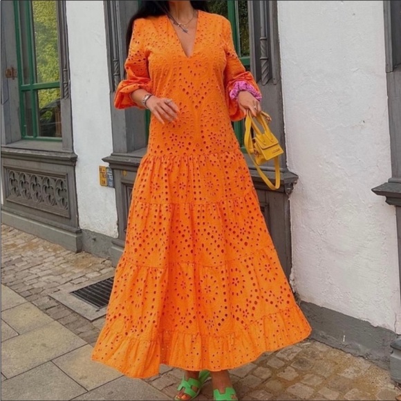 NWT Zara embroidered openwork neon orange dress bloggers fave. - Picture 3 of 14